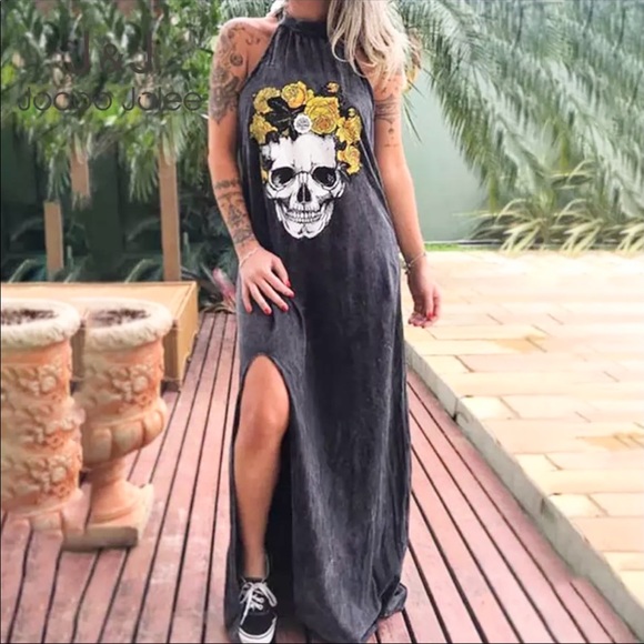 Skull & Roses Maxi Dress NEW Charcoal Gray - Picture 5 of 12
